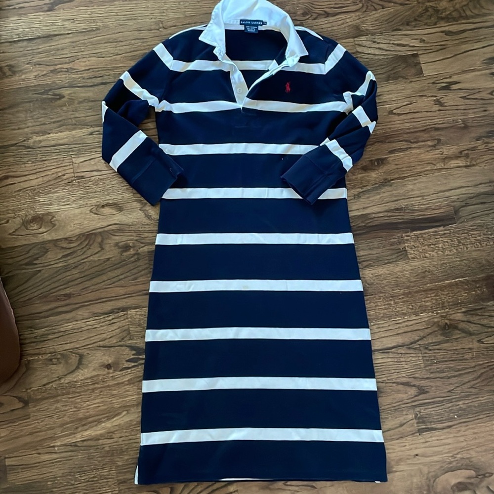 Ralph Lauren Cotton Rugby Dress 3/4 Sleeve Navy Stripe